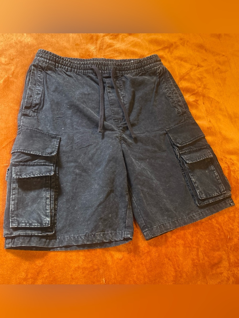 Men's Black Cargo Drawstring Shorts | black dye wash | Brand new